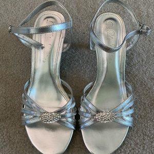 Silver open toe heels